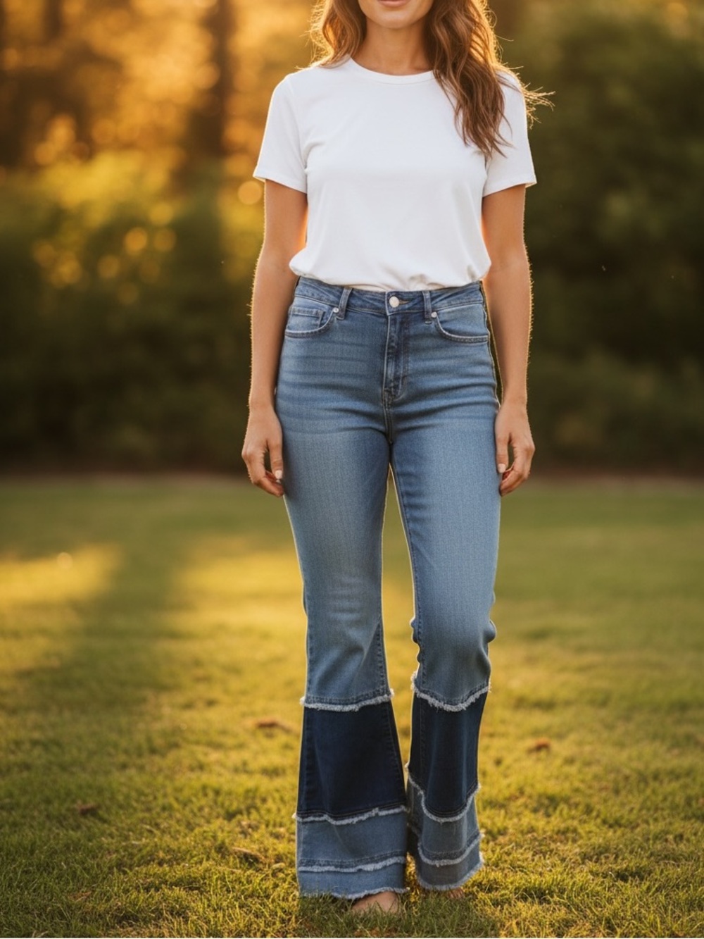 Moda Luxe Two-Tone Blue Frayed Hem Wide Leg Jeans